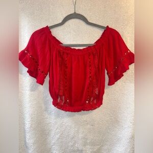 H&M Red Off-Shoulder Lace Trim Top Flare Short Sleeve